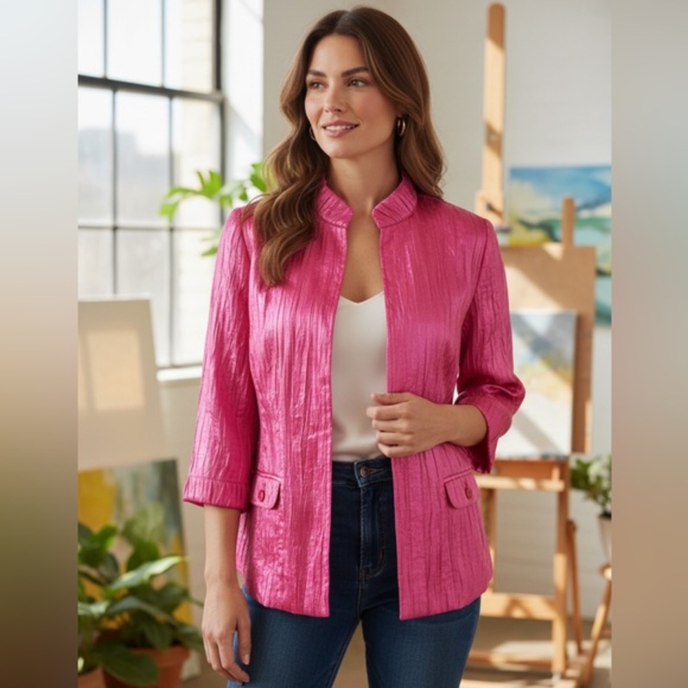 Chicos Shimmery Open Front Pink Jacket Lightweight 3/4 Sleeves Size (1) Medium